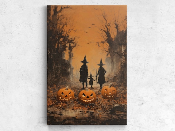 Witch Family Silhouettes With Pumpkins In Autumn Woods At Dusk Poster