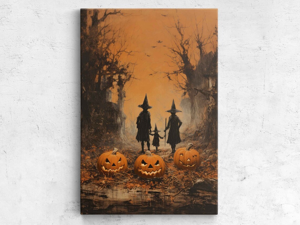 Witch Family Silhouettes With Pumpkins In Autumn Woods At Dusk Poster