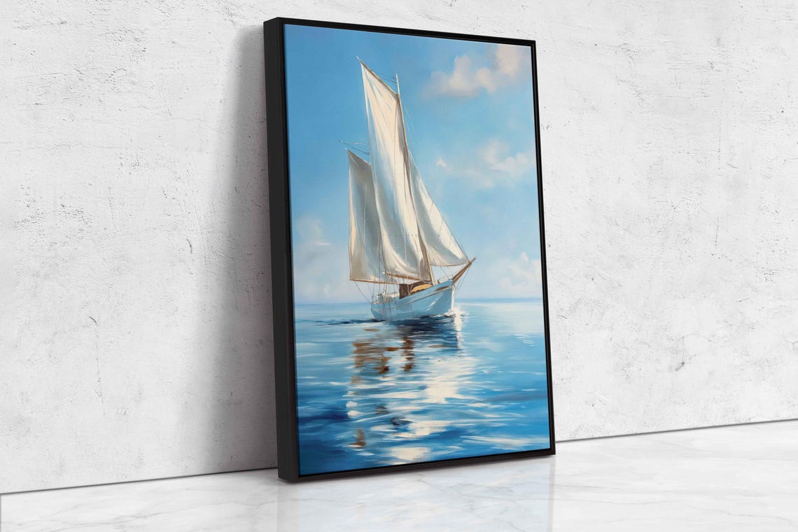 Sailboat With Billowing White Sails On Sunny Calm Blue Water Poster - Image 4