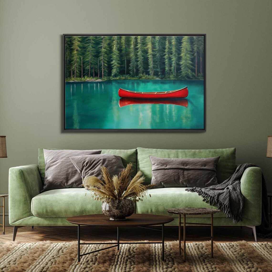 Red Canoe On Tranquil Emerald Lake Art Print - Image 3