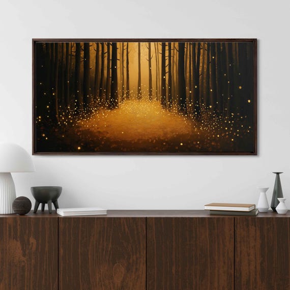 Mystical Forest With Fireflies Wall Art Print Golden Ambiance Fading Light Nature Scene