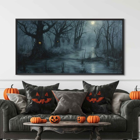 Misty Swamp With Glowing Eyes Foggy Night Haunted Landscape Poster