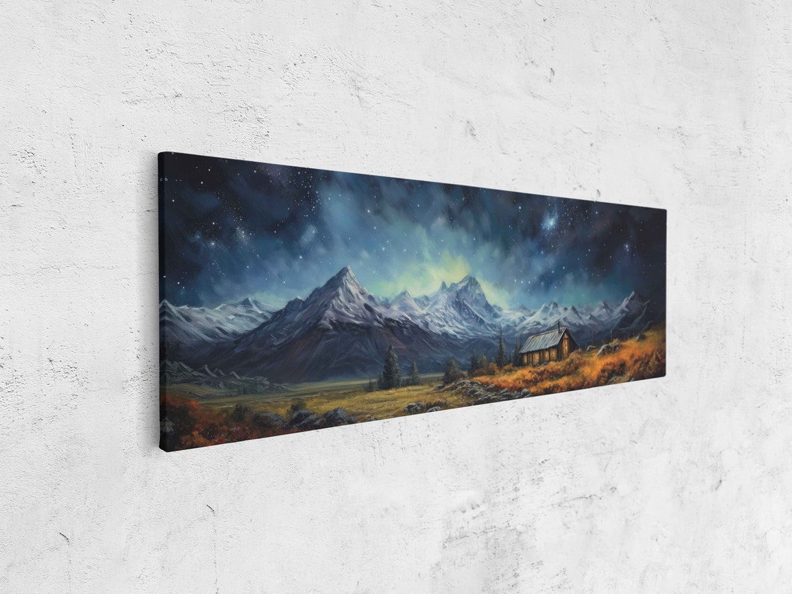 Tiny Cabin in Meadow Starry Night Aurora Snowy Peaks Art Poster - Image 4