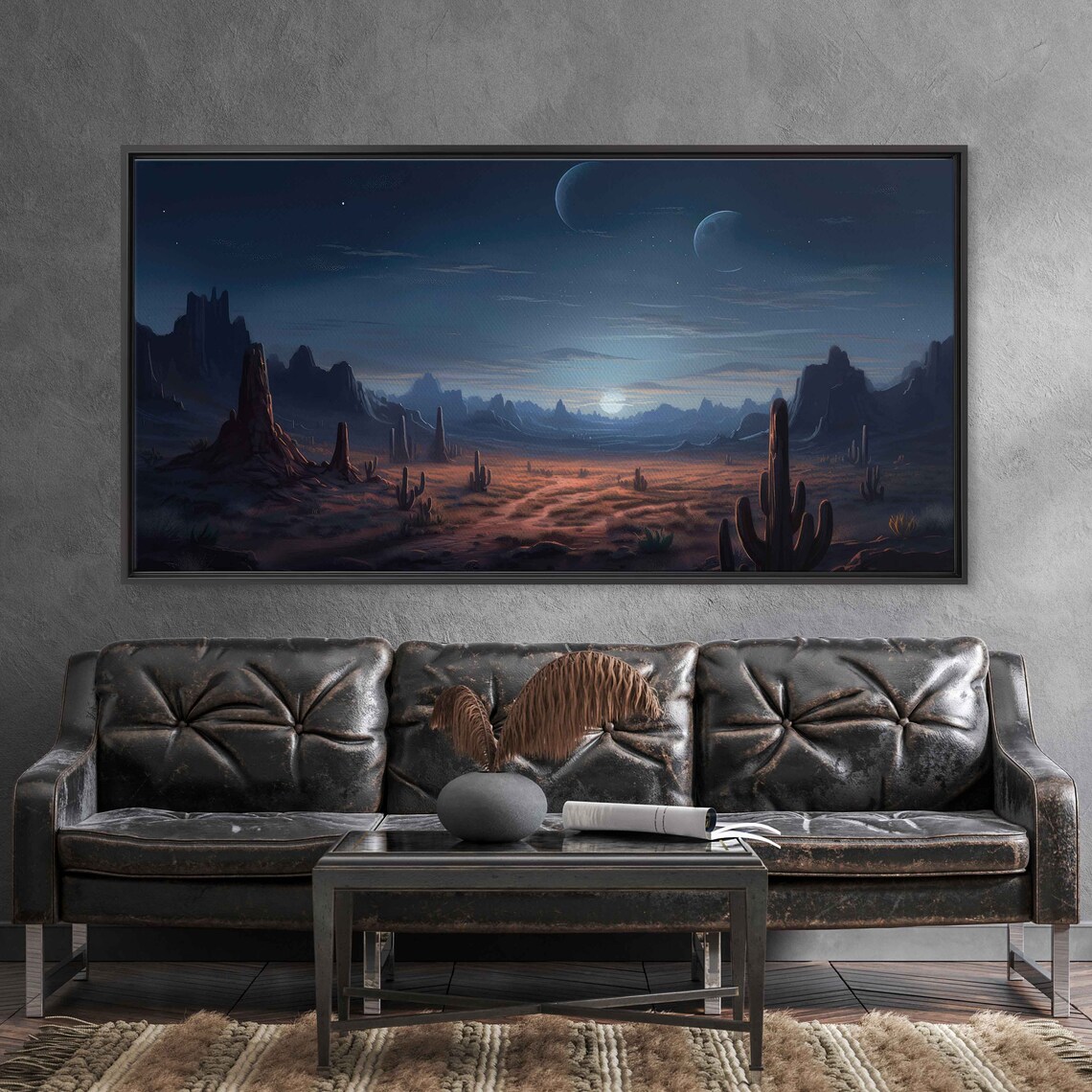Double Moon Desert Night Sky Mesa Silhouettes Western Art Poster