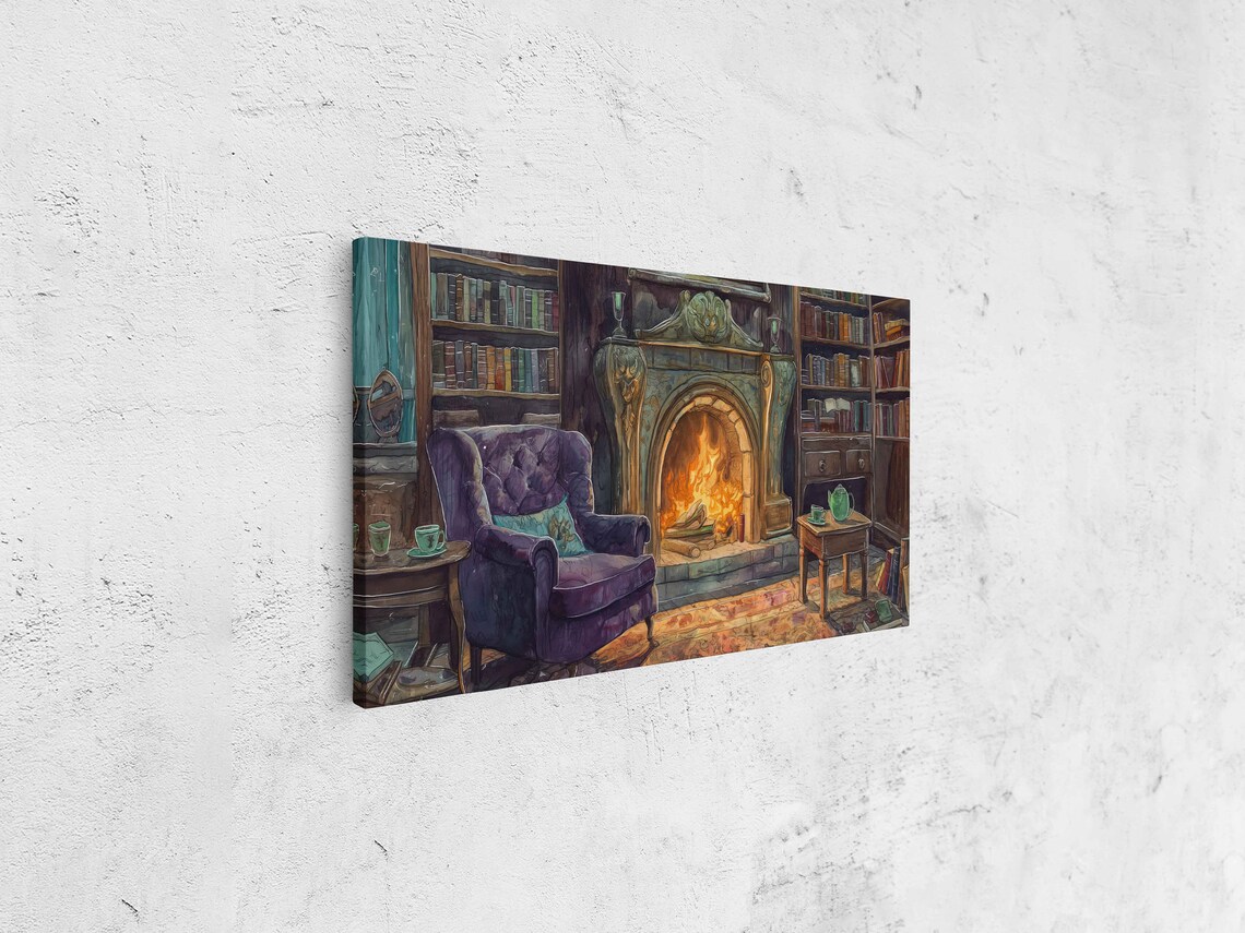 Cozy Witches Library With Fireplace And Purple Armchair Watercolor Poster - Image 4