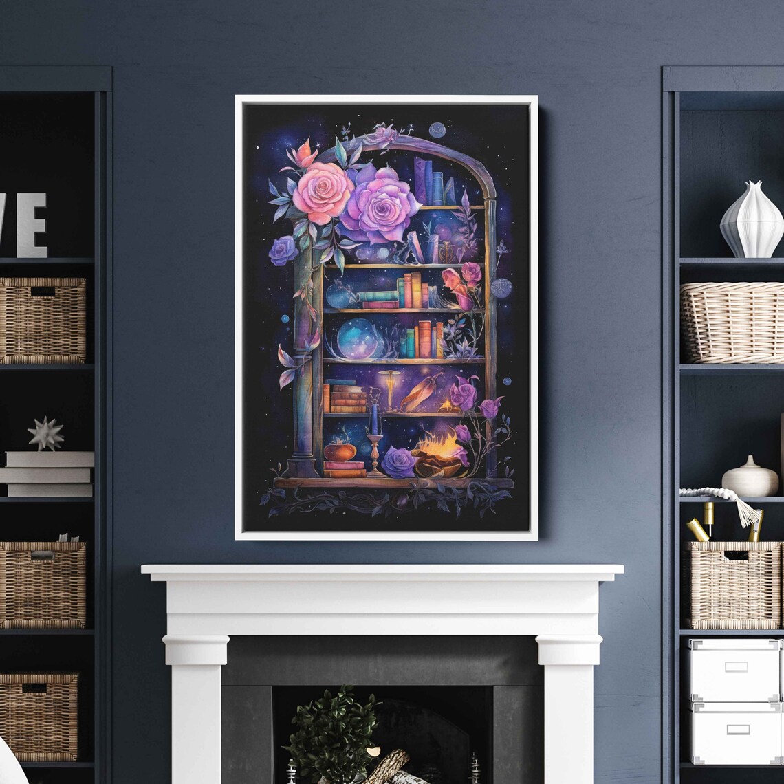 Celestial Witch Bookshelf Watercolor Roses Crystal Ball Magic Night Art Print - Image 2