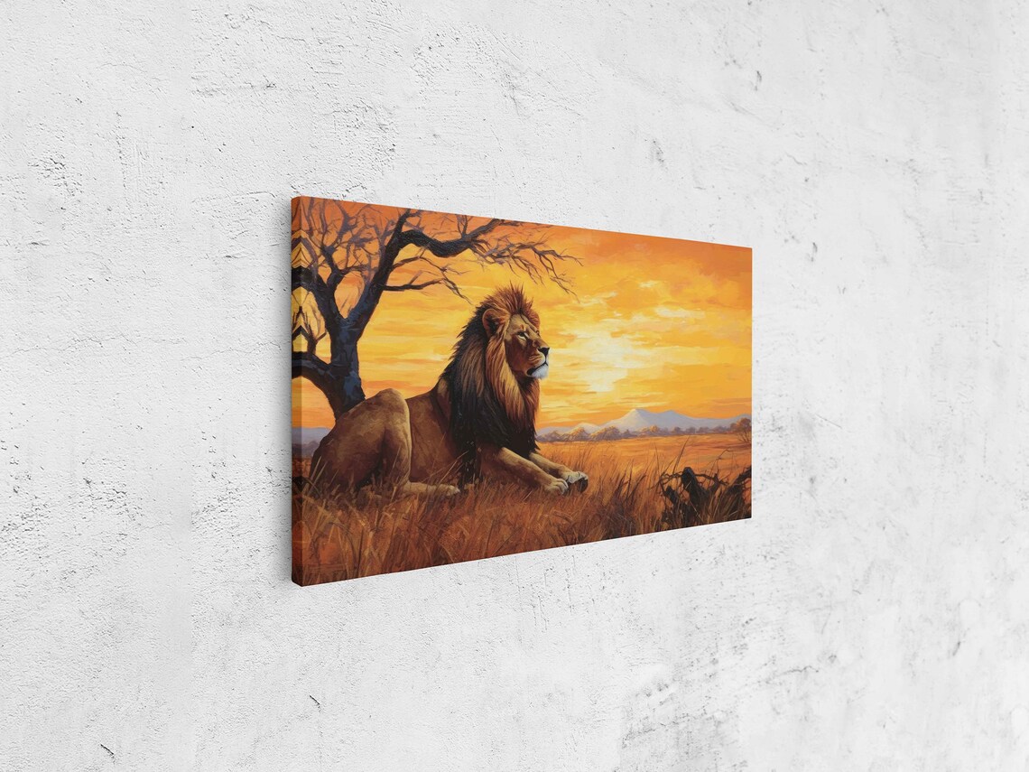 Majestic Lion Resting Golden Savanna Sunset Acacia Tree Wildlife Art Poster - Image 4