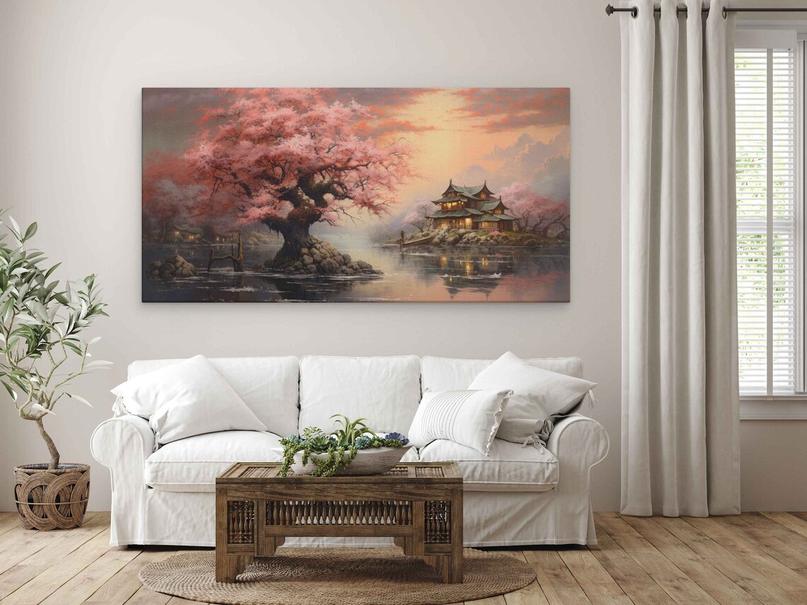 Pink Cherry Tree Blossoms On A Lake With Japanese Building Dark Cloudy Day At Sunset Print On Ready To Hang - Image 3