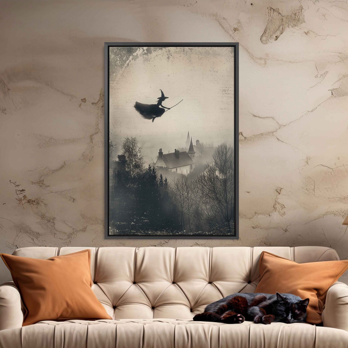 Witch Silhouette Flying Over Haunted Village Vintage Spooky Wall Art