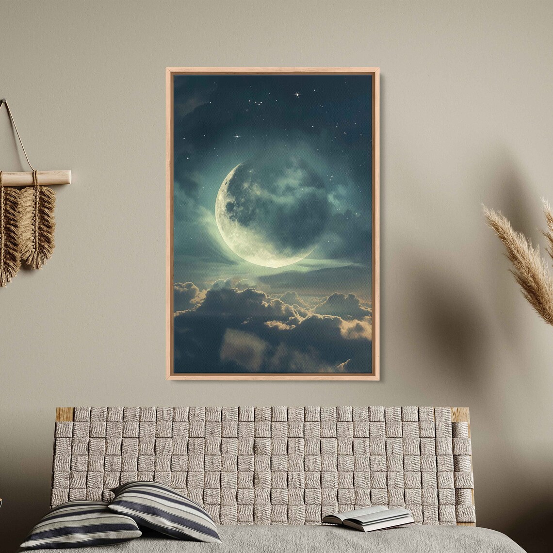 Giant Full Moon Above Dark Clouds Starry Teal Night Sky Dreamy Wall Poster