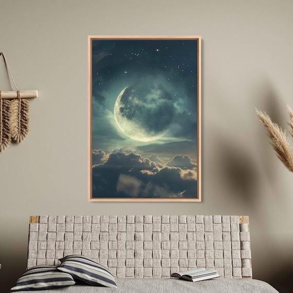 Giant Full Moon Above Dark Clouds Starry Teal Night Sky Dreamy Wall Poster