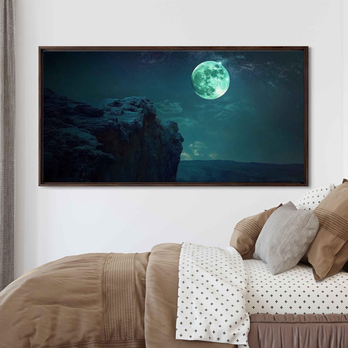 Luminous Green Moon Over Night Cliffs Starry Teal Sky Fantasy Poster