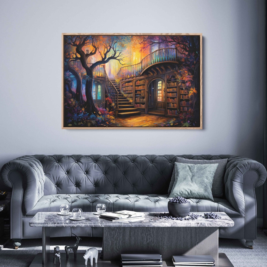 Staircase In Treehouse Library Painting Framed Print Ready To Hang - Image 3