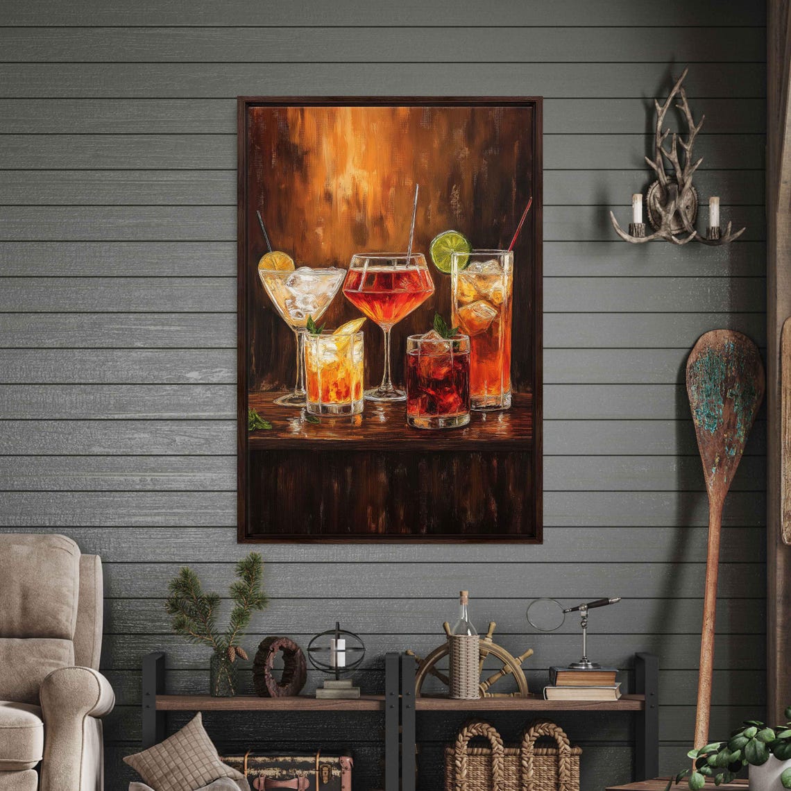 Cocktail Hour Five Classic Drinks Citrus Mint Rustic Bar Art Poster