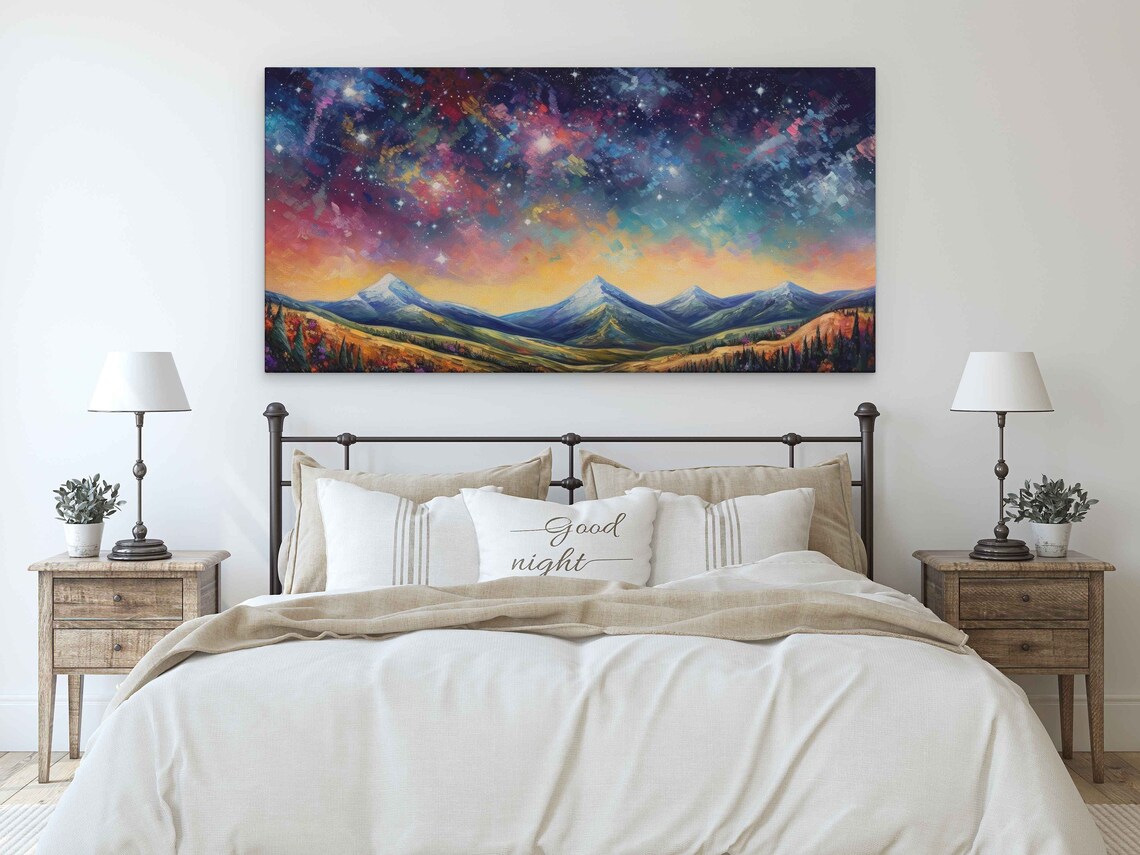 Colorful Starry Night Sky Nebula Over Snowy Mountain Peaks Celestial Travel Poster - Image 2