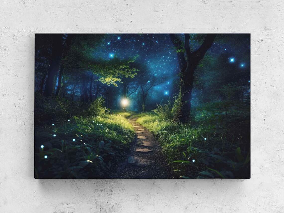 Vibrant Moonlit Photorealistic Enchanted Forest Path Illustration Print On Ready To Hang Bedroom Decor Magical Woods