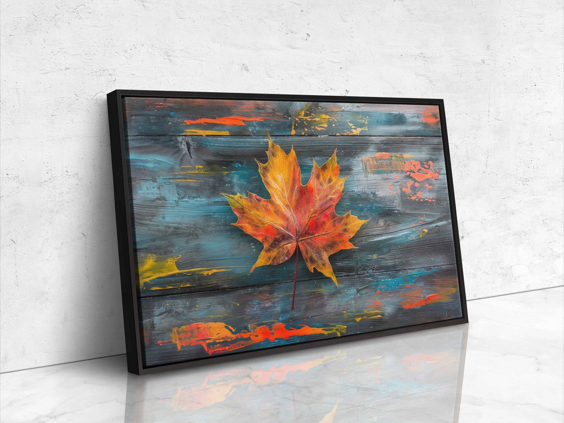 Single Maple Leaf On Blue Grey Painted Wood Fall Decor Art Poster - Image 4