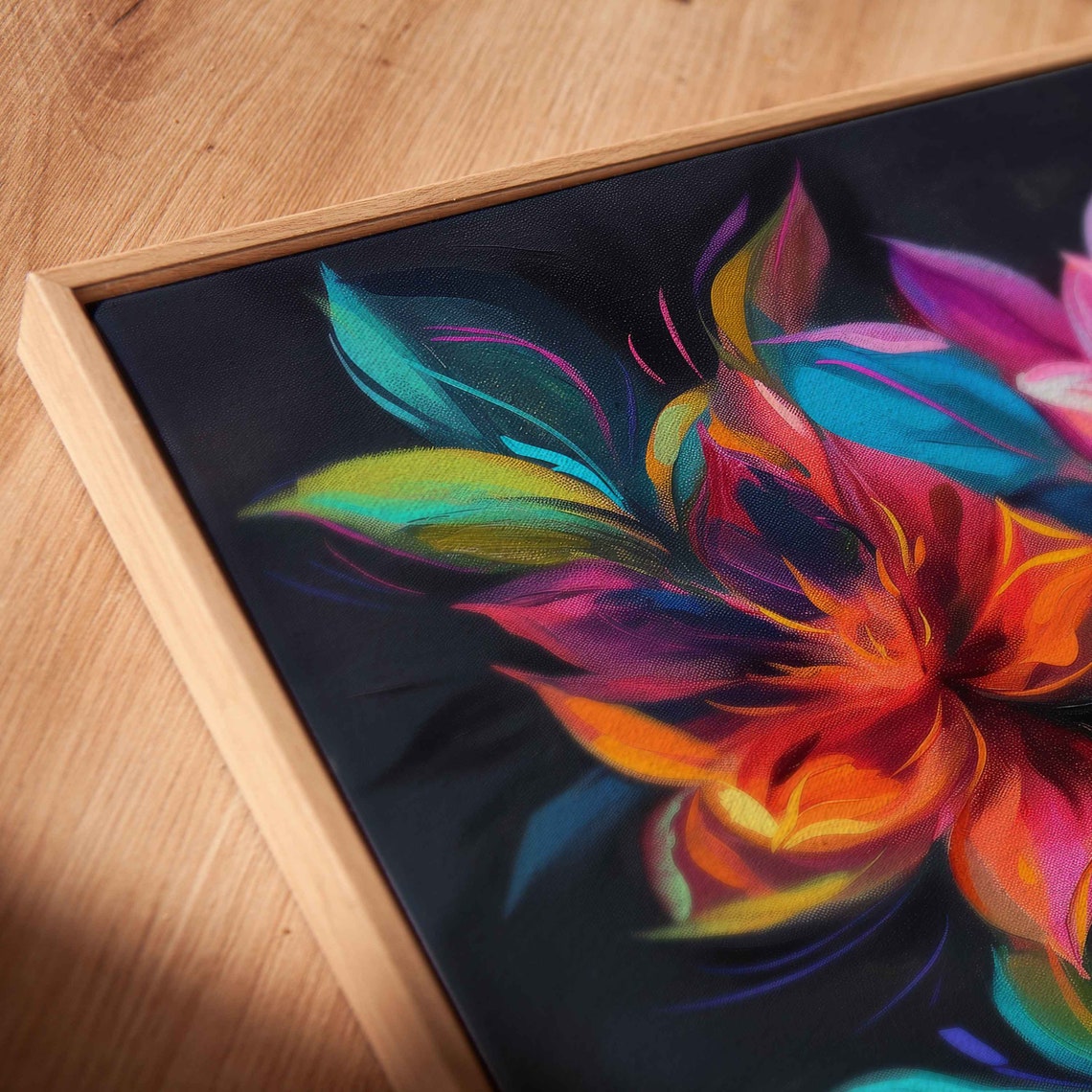 Abstract Neon Flowers Dark Background Colorful Blooms Painting Poster - Image 2