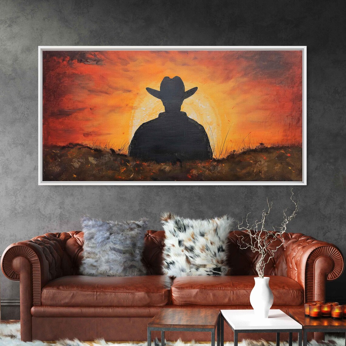 Cowboy Back Silhouette Over Orange Sunset Western Scenic Poster - Image 3