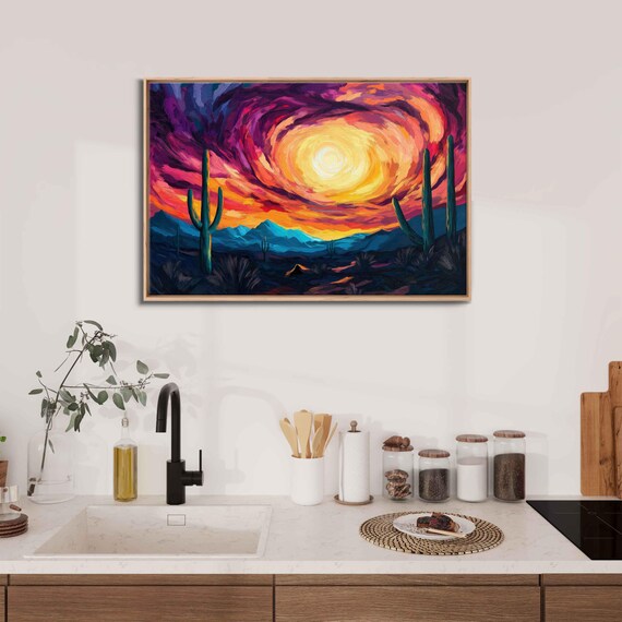 Stunning Arizona Desert Sunset Wall Art Print Vibrant Colors Saguaro Cacti Silhouette