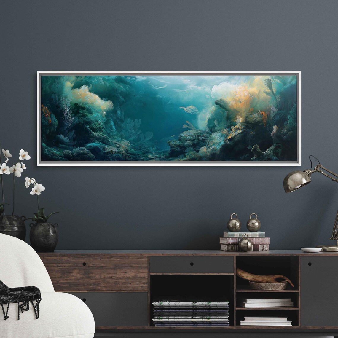 Imaginary Underwater Realm Dreamlike Coral Reef Teal Gold Art Poster