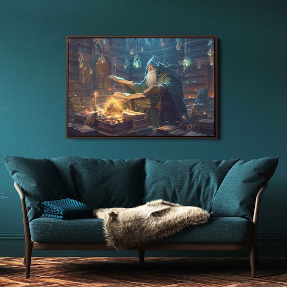 Wizard Reading Spellbooks Magical Library Candlelight Fantasy Painting Print