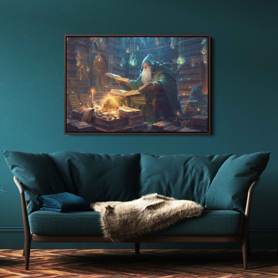 Wizard Reading Spellbooks Magical Library Candlelight Fantasy Painting Print
