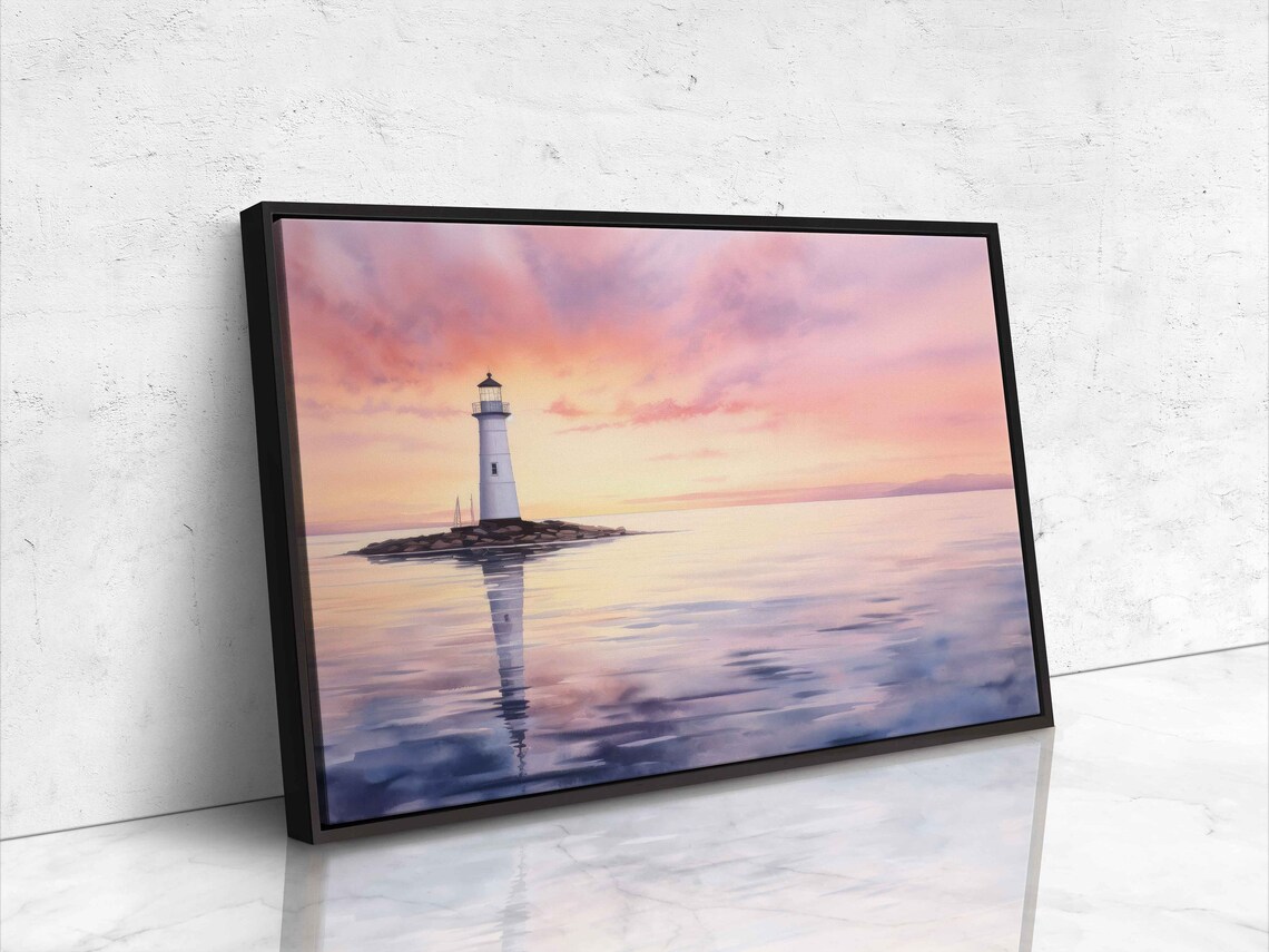 White Lighthouse On Rocky Island Calm Sea Pink Sunrise Watercolor Poster - Image 4