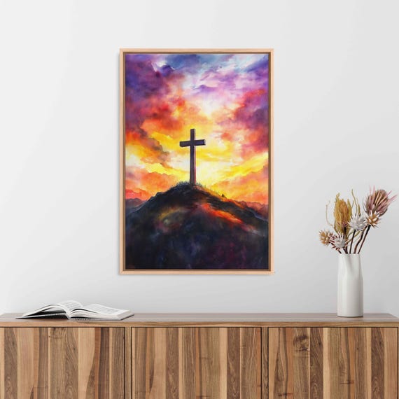 Cross On A Hill At Sunset Wall Art Print Watercolor Spiritual Hopeful Scene