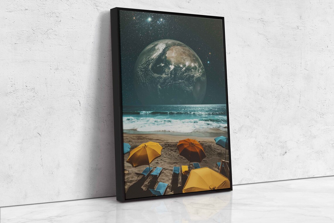Earth Rising Over Night Beach With Colorful Umbrellas Art Poster - Image 4