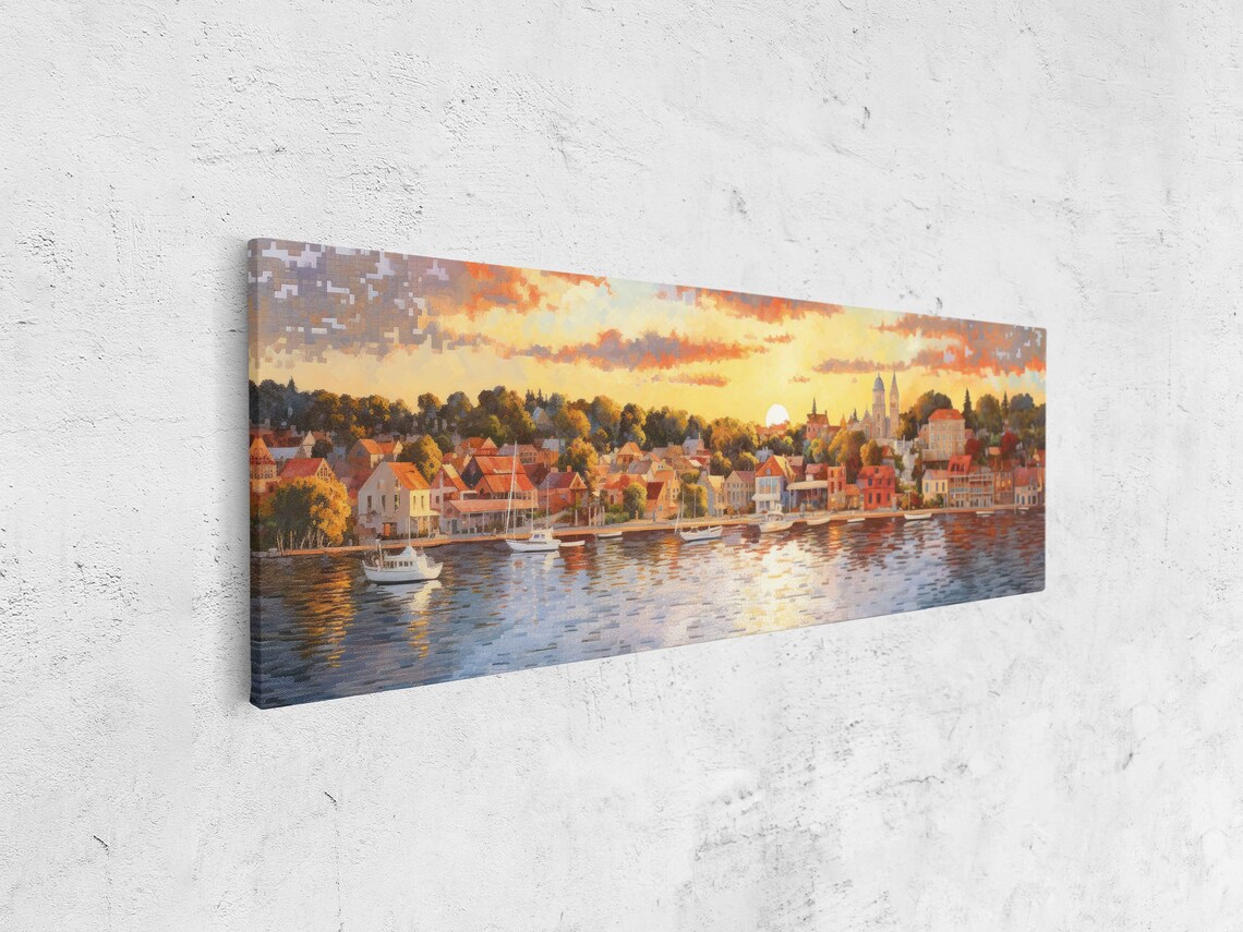 Small Coastal Town at Sunset, Pointillist Art Print - Image 4