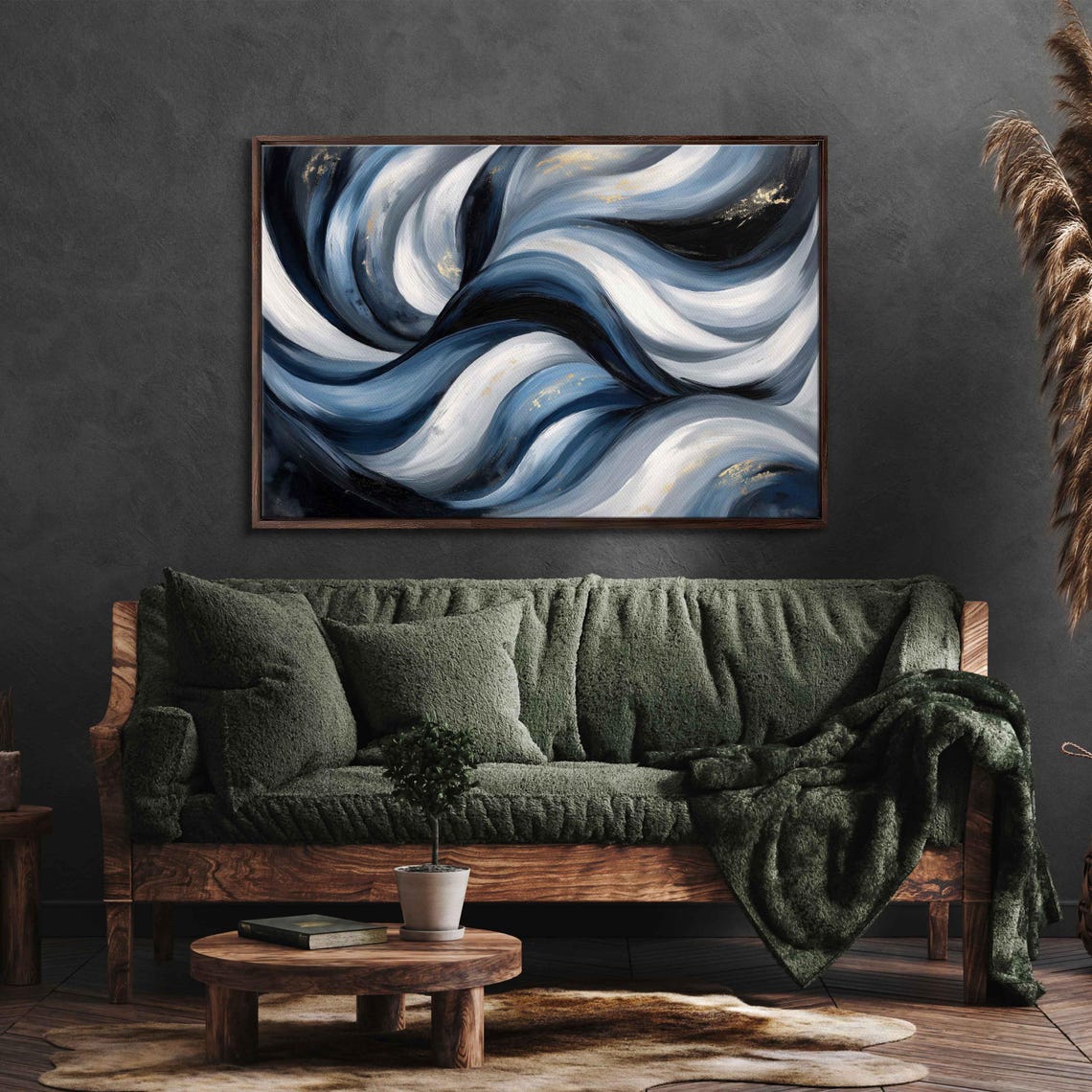 Swirling Blue White Ribbon Waves Gold Highlights Abstract Art Poster