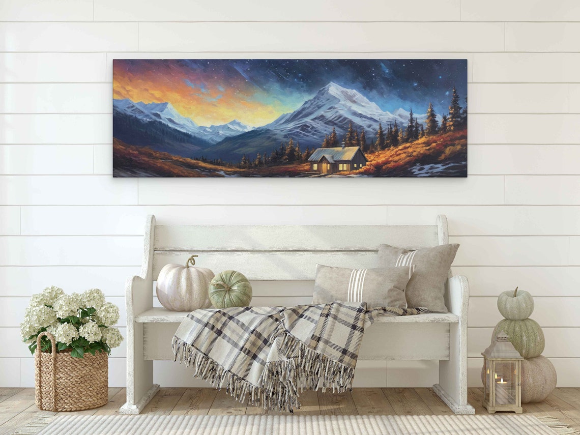 Cozy Mountain Cabin Under Starry Night Snowy Peaks Painting Poster - Image 2