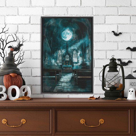 Abandoned Church Full Moon Through Ruined Roof Pews Altar Wall Art