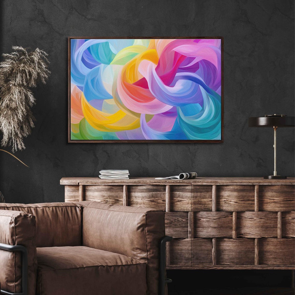 Abstract Rainbow Ribbon Waves Pastel Color Swirl Modern Poster