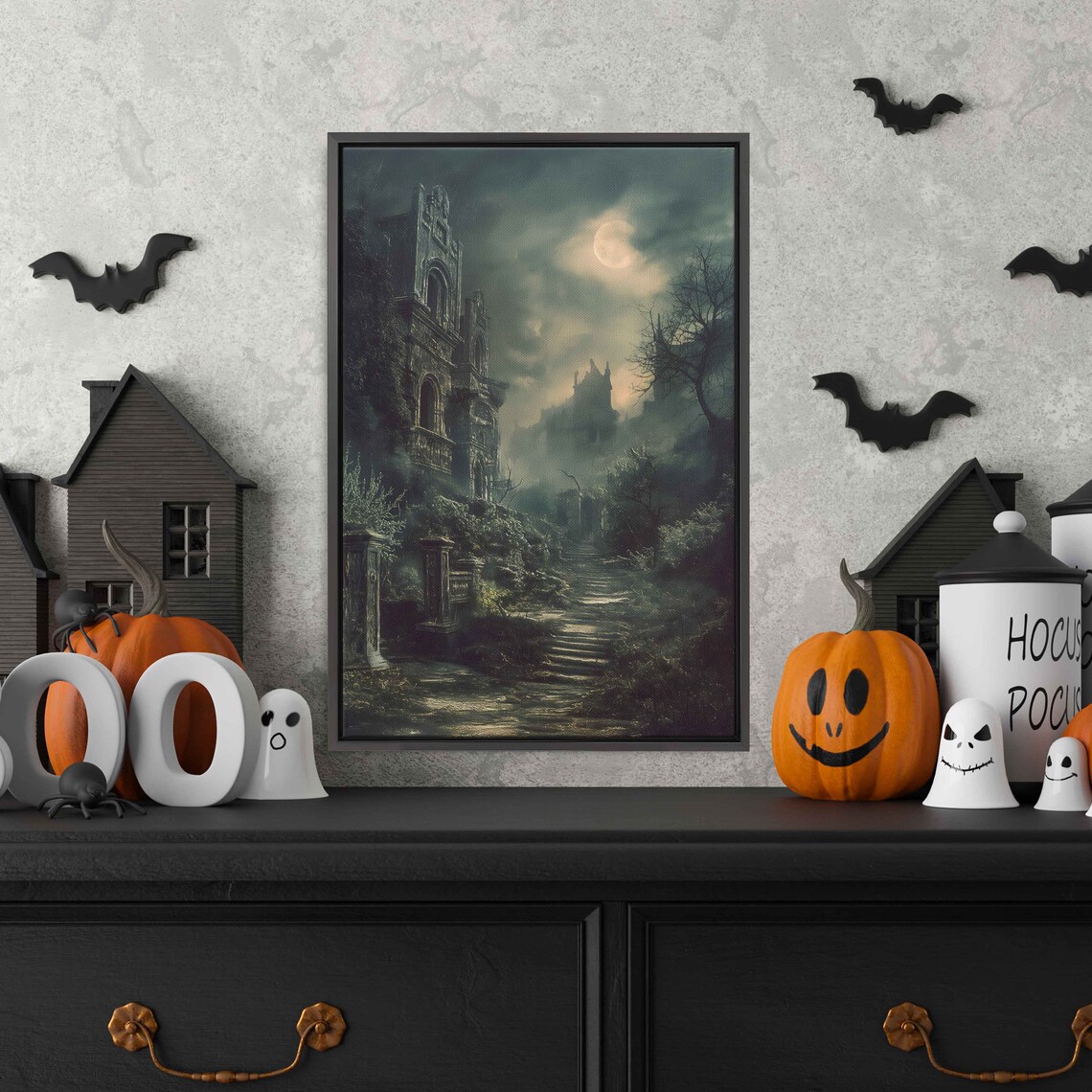 Old Eerie Mansion On Hill Twisted Trees Full Moon Foggy Night Print