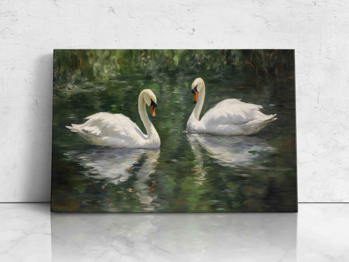 Oil Painting of Two Swans Swimming in a Pond Art Print