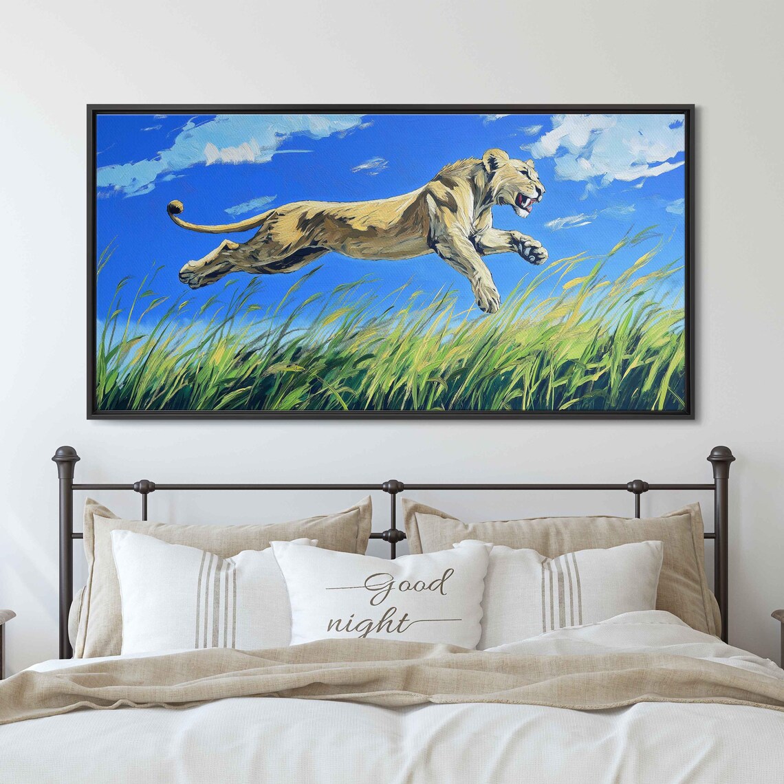 Lioness Leaping Through Grass Vivid Blue Sky Dynamic Wildlife Art Poster - Image 3