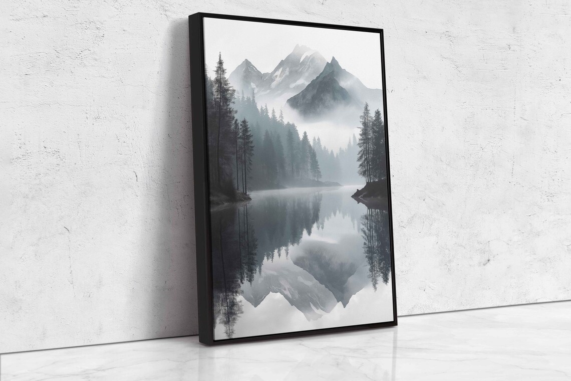 Serene Lake Flowing Through Mountainside Wall Art Print Monochromatic Art Lakeshore Forest Ready To Hang - Image 4