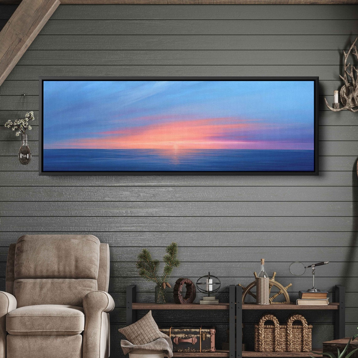 Serene Ocean Sunset Calm Blue Water Pink Sky Panoramic Wall Art - Image 3
