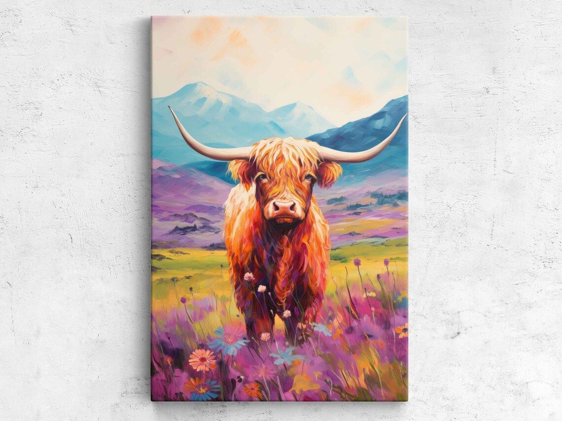 Highland Cow Colorful Painting, Rustic Farmhouse Art Print