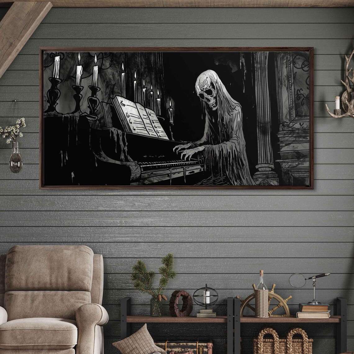 Hooded Skeleton Playing Grand Piano In Candlelit Crypt Gothic Ink Poster - Image 3