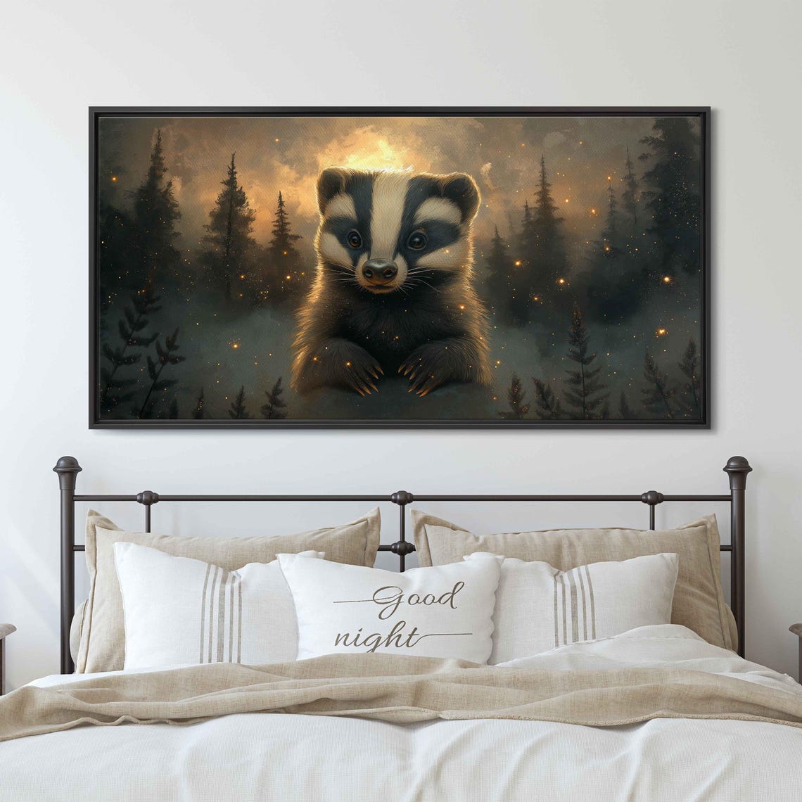 Cute Badger Portrait Misty Forest Fireflies Whimsical Animal Poster