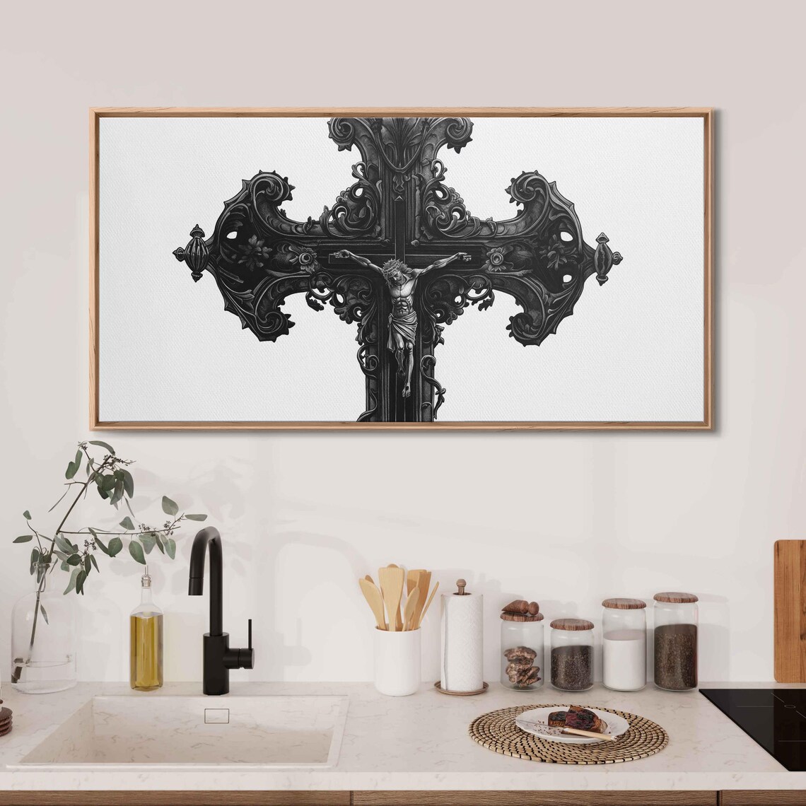 Ornate Gothic Crucifix Cross Baroque Carved Details Ink Halloween Poster