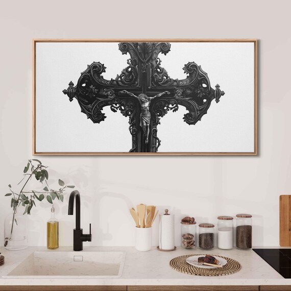 Ornate Gothic Crucifix Cross Baroque Carved Details Ink Halloween Poster