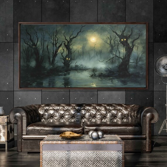 Moonlit Misty Swamp With Twisted Dead Trees And Glowing Eyes Wall Art Print Foggy Scary Forest Ready To Hang