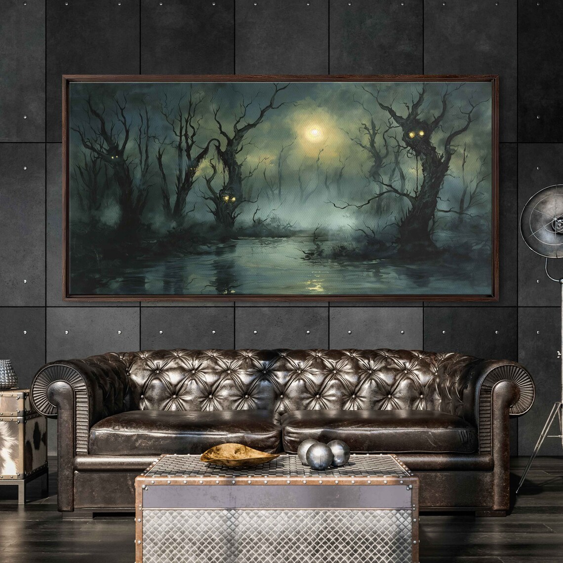 Moonlit Misty Swamp Twisted Dead Trees Glowing Eyes Foggy Print
