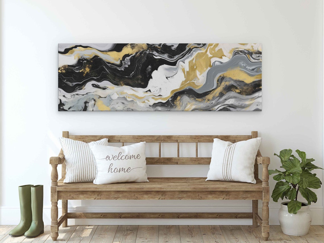 Black White Gold Marble Wave Panoramic Abstract Wall Art Poster - Image 2