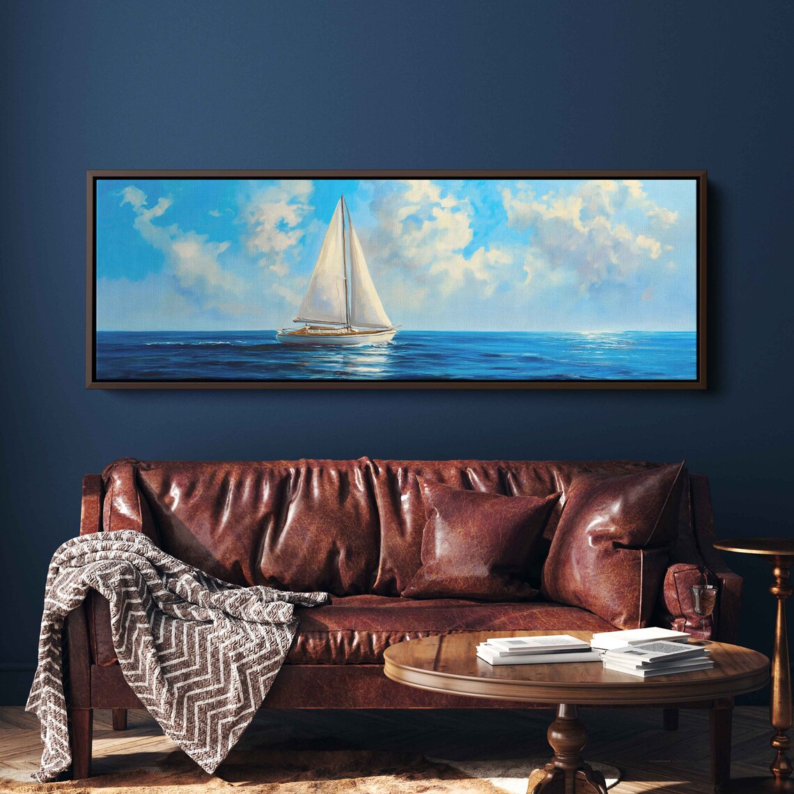 Small Sailboat Calm Bright Blue Sea White Clouds Panorama Travel Poster