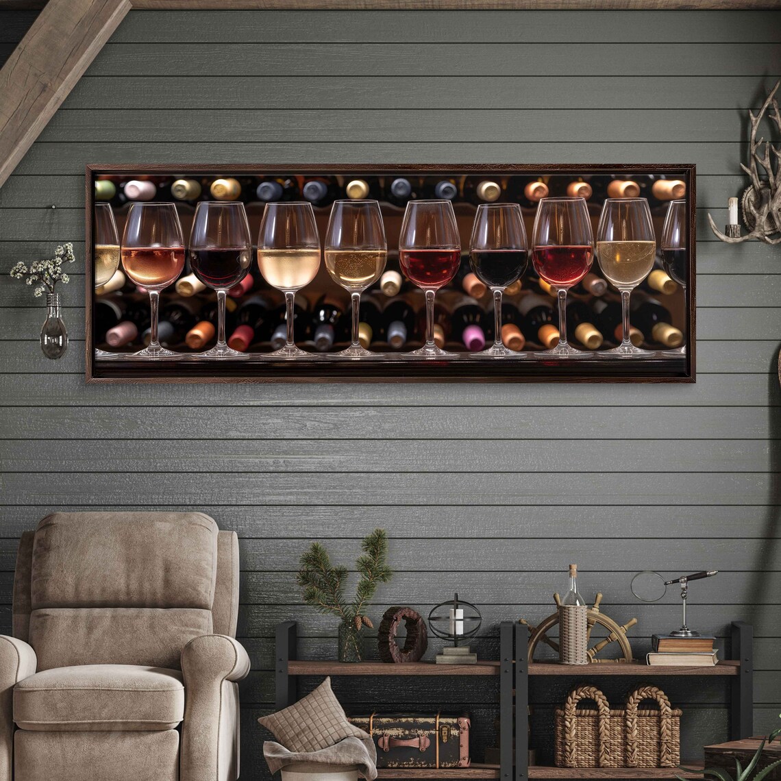 Wine Glasses Lineup Bottles Shelf Behind Panoramic Bar Photography Poster - Image 3